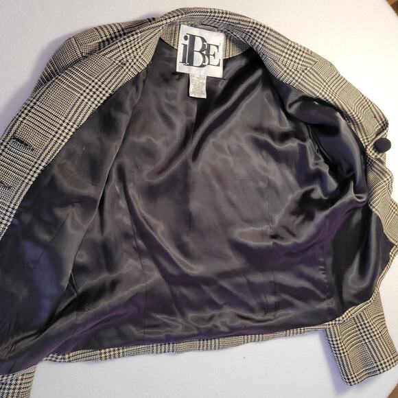 IBE Womens Blazer Jacket 10 Vintage 90s Silk Wool Houndstooth Black Tan Y2K - Picture 7 of 9